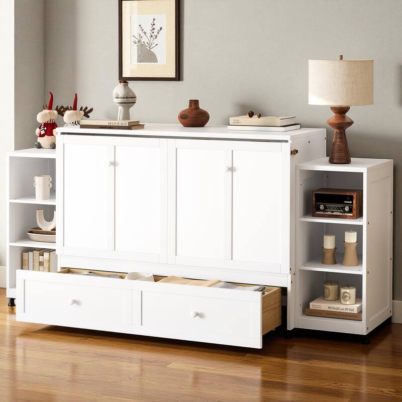 Full/Queen Size Murphy Bed with Storage Drawers and Shelves, Space-Saving Foldable Wall Bed for Guest Room - White - Full