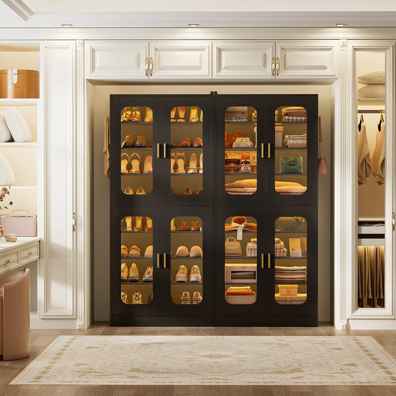 8-Tier Shoe Cabinet with LED Light, 32 Pairs Tall Shoe Storage Organizer with Side Hooks