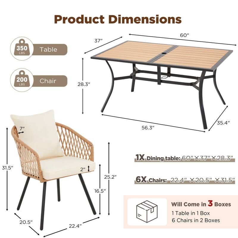 EROMMY 7 Piece Outdoor Dining Set with Umbrella Hole, Patio Table and 6 Rattan Chairs with Cushions, Weather-Resistant Furniture