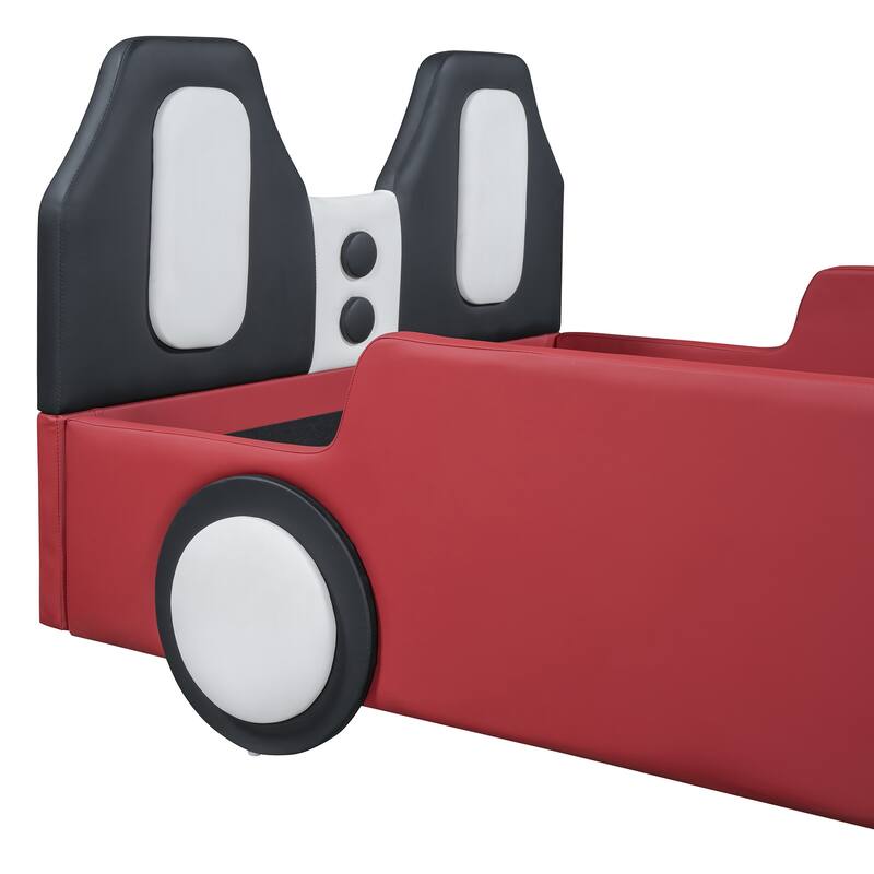 Twin Size Race Car-Shaped PU Leather Upholstery Platform Bed Frame with Wheels, Fun and Functional Design, for Kids Boys Girls
