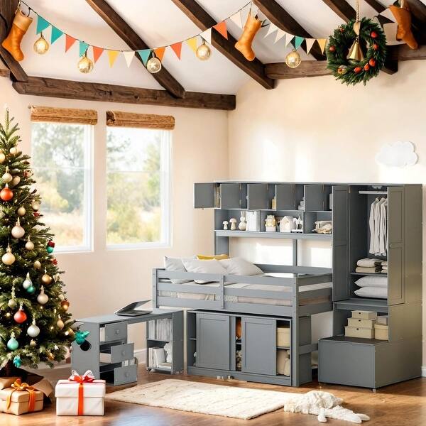 slide 2 of 32, Full Size Wooden Loft Bed Big Storage With Under-Bed Desk,2 Spacious Drawers,Shelves,2 Storage Compartments Gray