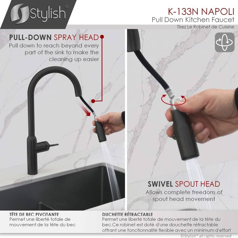 STYLISH Kitchen Sink Faucet Single Handle Pull Down Dual Mode in Stainless Steel