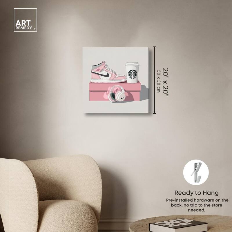 Pink Sneaker and Headphones Canvas by Art Remedy, Gallery Wrapped
