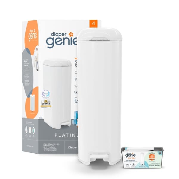 slide 2 of 20, Diaper Genie Platinum Pail with Easy Roll Refill (18 Bags) White