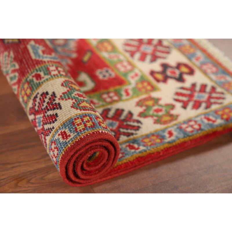 Hand Knotted Oriental 100% Wool Carpet Traditional Geometric Red Kazak Area Rug - 3' 0'' X 2' 1''