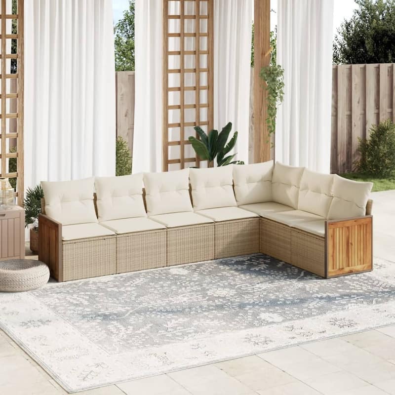 vidaXL Patio Sofa Set with Cushions Outdoor Conversation Furniture Poly Rattan - Beige and Cream - 24.4 x 24.4 x 27.2