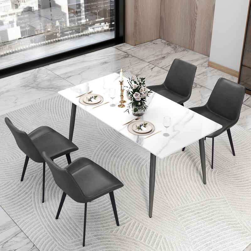 63" Rectangle Modern Sintered Stone Dining Table, Industrial Kitchen Table with Metal Legs for 6 People - White