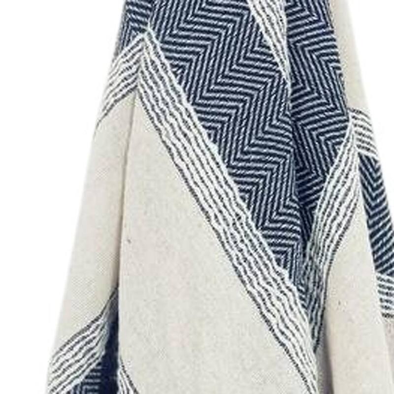 HomeRoots 50" X 60" Blue And Ivory Cotton Woven Striped Throw Blanket with Fringe