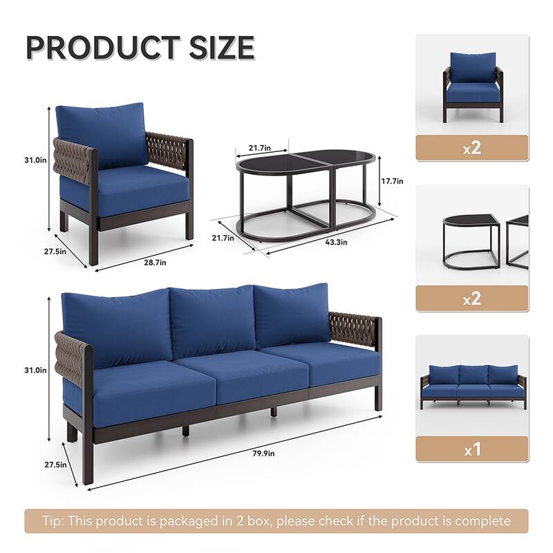 Kullavik 5-piece Aluminlum Frame Woven Rope Patio Sofa with Glass Table and Cushions - Navy Blue