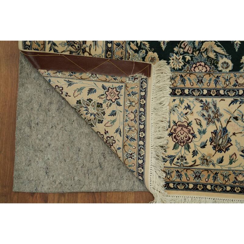 Hand Knotted Oriental Wool & Silk Carpet Traditional All-Over Navy Blue & Blues Nain Area Rug - 8' 3'' X 6' 7''