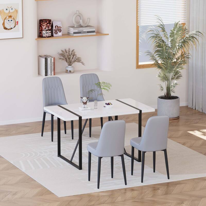 5-Piece Dining Table Set for 4, Kitchen Table Set with Metal Frame and 4 Cushioned Chairs for Dining Room - Grey+White