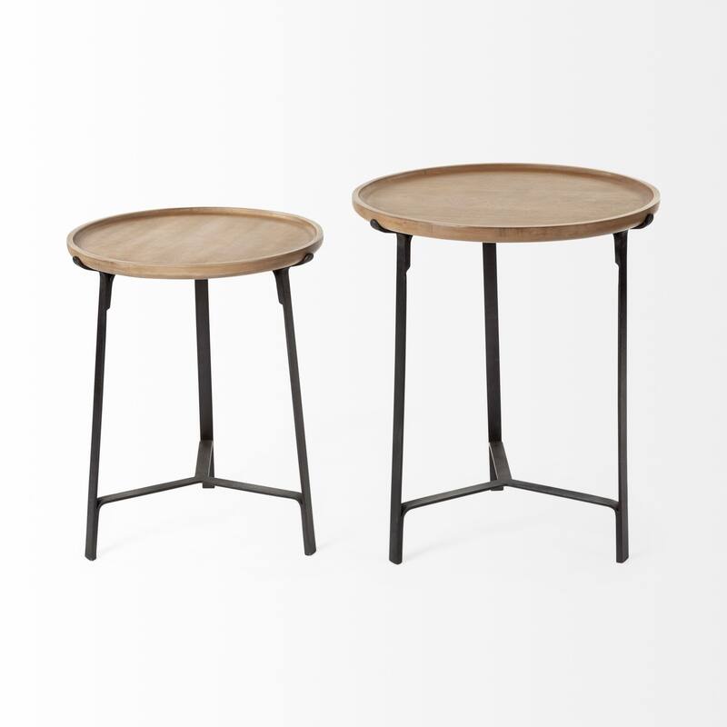 Helios III Round Medium Brown Solid Wood w/ Black Iron Base Nesting Tables