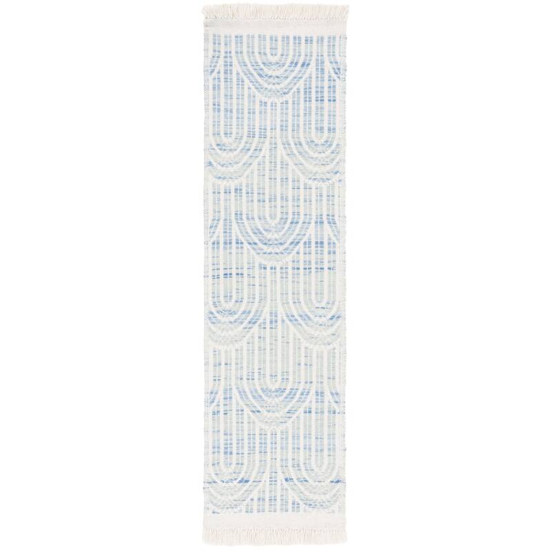 SAFAVIEH Handmade Kilim Irina Geometric Tassel Wool Rug - 2'3" x 8' Runner - Blue/Ivory