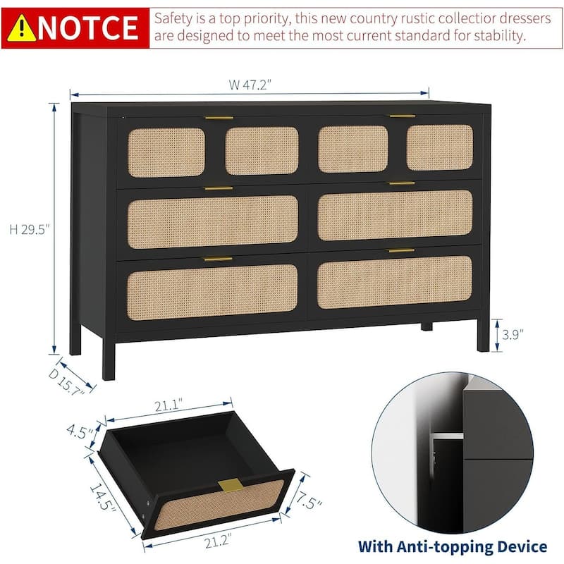 Vintage 6 Drawer Rattan Dresser TV Stand for Bedroom, Living Room