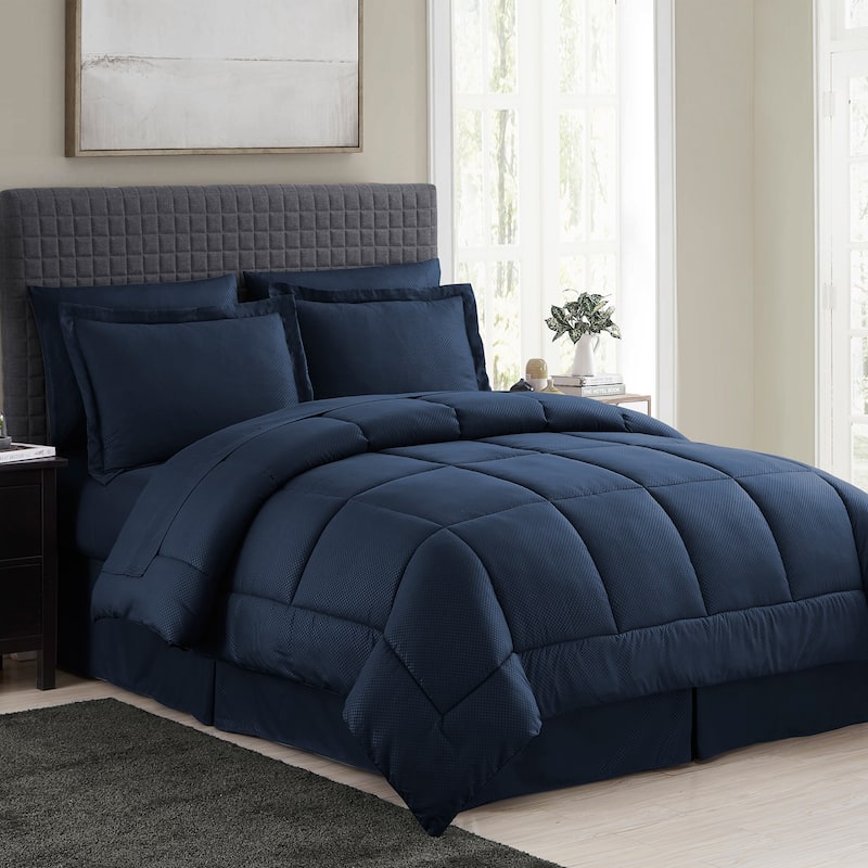 Sweet Home Collection Checkered Embossed 8-Piece Bed in a Bag Set - Navy - Queen