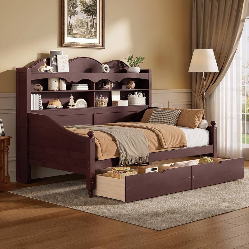 Twin Daybed with Storage Drawers and Headboard Shelving Wooden Frame
