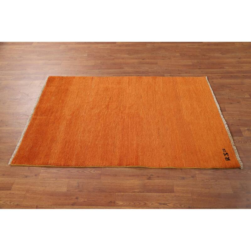 Contemporary Gabbeh Oriental Foyer Rug Hand-Knotted Orange Wool Carpet - 3'2"x 4'11"