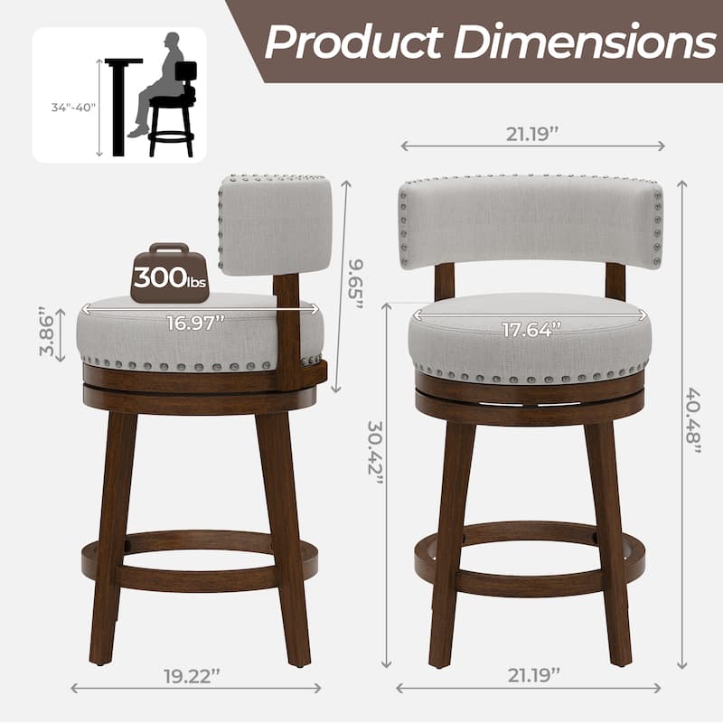 360-Degree Swivel Counter Height Bar Stool with Backrest Rubberwood Frame