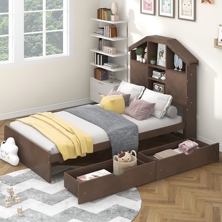 Wood Platform Bed Frame with 2 Drawers and 5 Storage Shelves