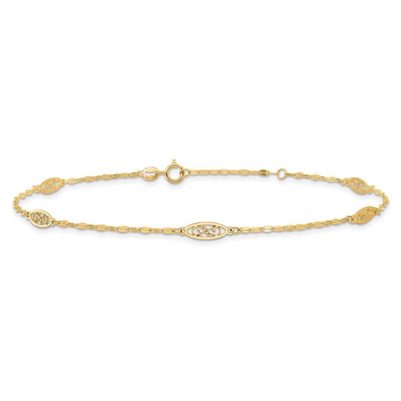 Curata 14k Yellow Gold 9+1" Textured Filigree Medallion Station Valentino Chain Anklet (Spring-ring)