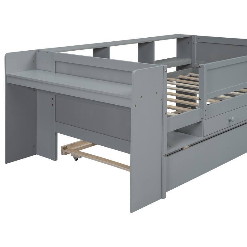 Gray Multi-Functional Twin Size Daybed with Headboard Storage, Drawers and Trundle