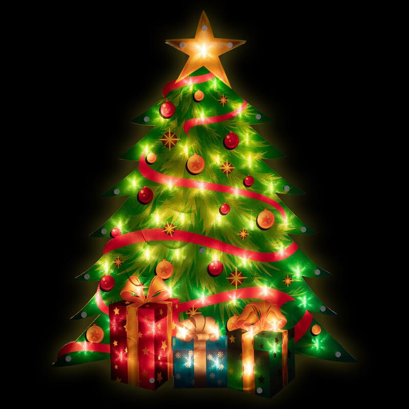 22.5" Lighted Christmas Tree with Presents Window Silhouette