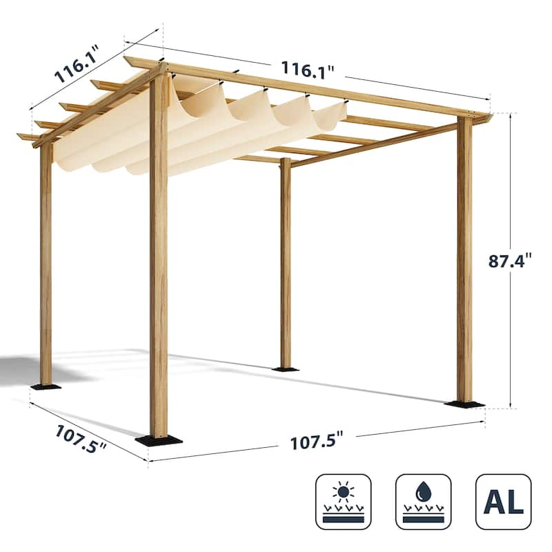 10 ft. x 10 ft. Wood Grain Aluminum Outdoor Pergola with Retractable Shade Canopy