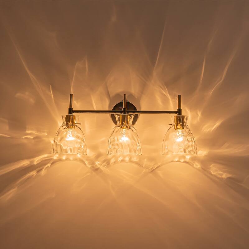 1-Light/3-Light Matte Black and Antique Brass Bathroom Vanity Light with Water-Rippled Glass Shade