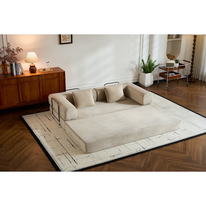 Convertible Sleeper Sofa Bed with Pillow, Corduroy Folding Mattress Couch with Fixed-Shape Frame, Floor Lounge Loveseat Sofa