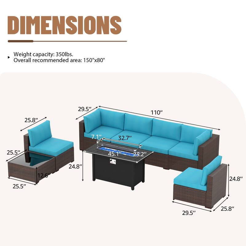 Outdoor Wicker Sectional Sofa 8-Piece Set with Fire Pit Table