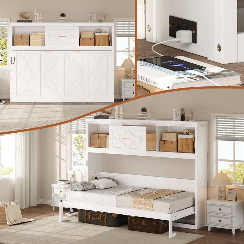 Rustic Casual Folding Twin Size Murphy Bed with Charging Station and Drawer