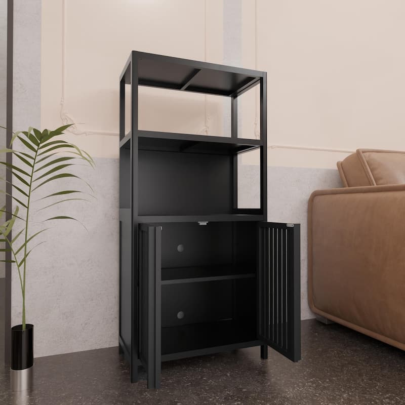 Black Bamboo Storage Cabinet,Separate Bathroom Cabinet With 2 Doors,Floor Cabinet Organizer