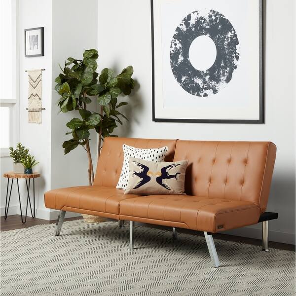 slide 1 of 6, Abbyson Jackson Camel Leather Foldable Futon Sofa Bed