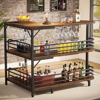 L-Shaped Home Bar Unit, 3 Tier Liquor Bar Table with Wine Glasses Holder, Corner Wine Bar Cabinet for Home Kitchen Pub