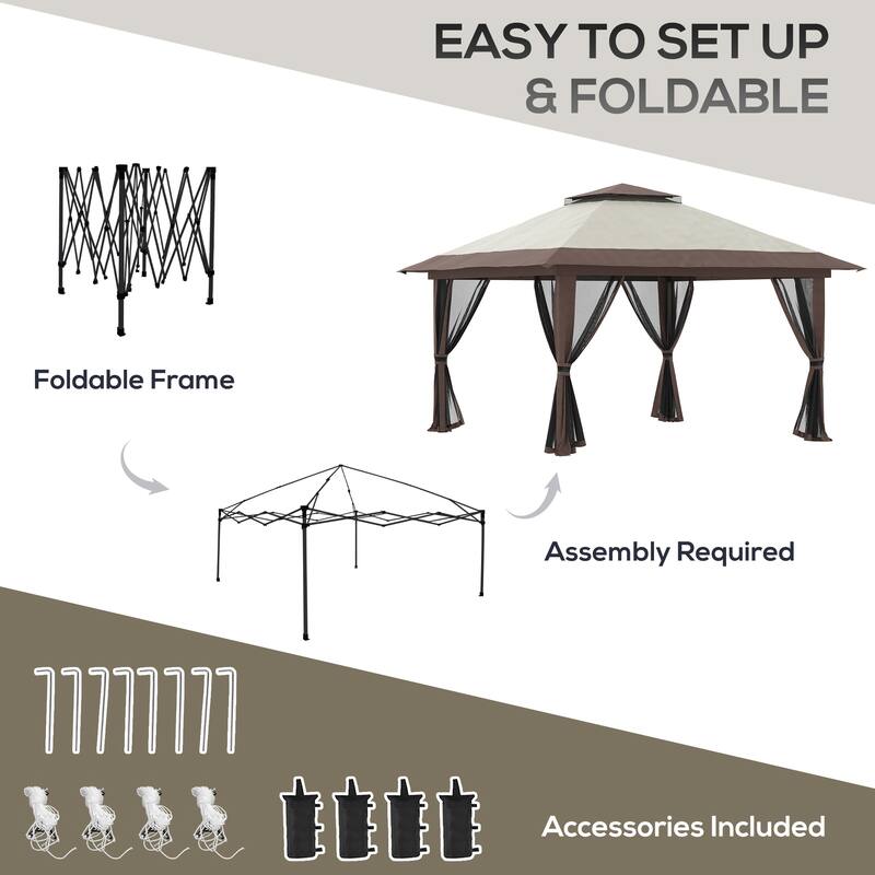 Outsunny 13' x 13' Pop Up Gazebo with Netting, Foldable Patio Canopy Tent with 2-Tier Roof, Adjustable Height Shelter