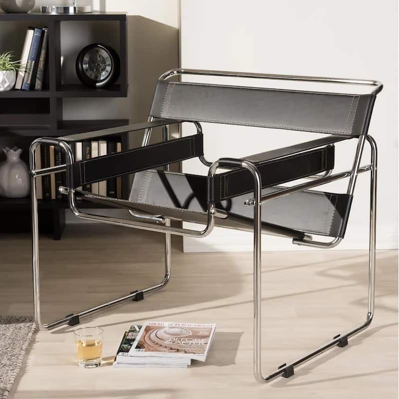 Momei Mid-Century Modern Saddle Leather Accent Chair with Stainless Steel Chair Leg - Black