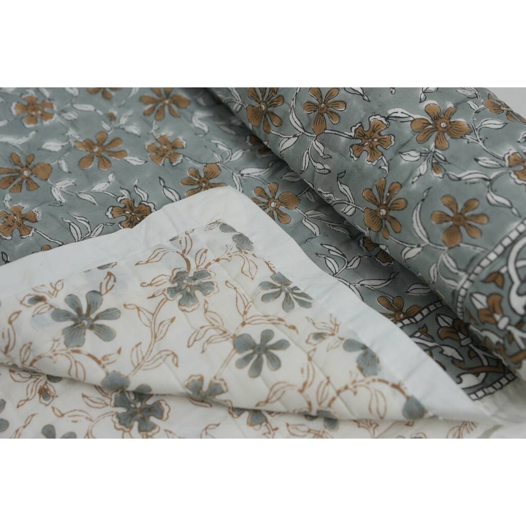 Fabdivine Artisan Handmade 100% Cotton Quilt - Brown Green Floral Block Print, Reversible Bohemian Bedding for Home