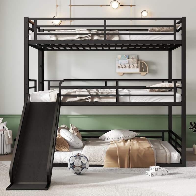 GDFStudio - Rock Triple Bunk Bed with Slide, Guardrails, Durable Noise-Free Frame - Black + 3 Queen