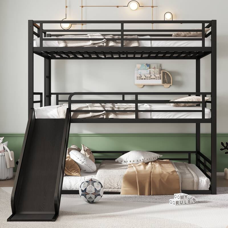 Queen over Queen over Queen Bunk Bed with Slide, Metal Triple Bunk Bed with Safety Guardrails, Noise-reduced Design, Black - Black