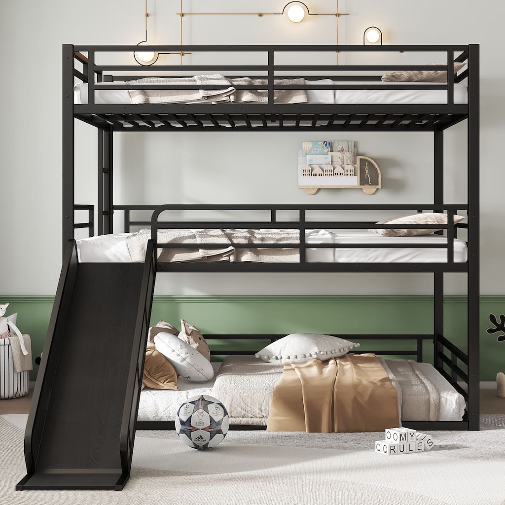 Triple Queen Bunk Bed with Slide, Heavy-duty Metal Frame, Safety Guardrails, Space-saving Design, Black