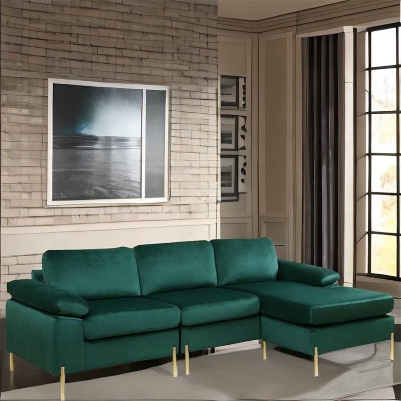 Velvet Sectional Sofa Chaise with Wood Frame and Removable Back - Green