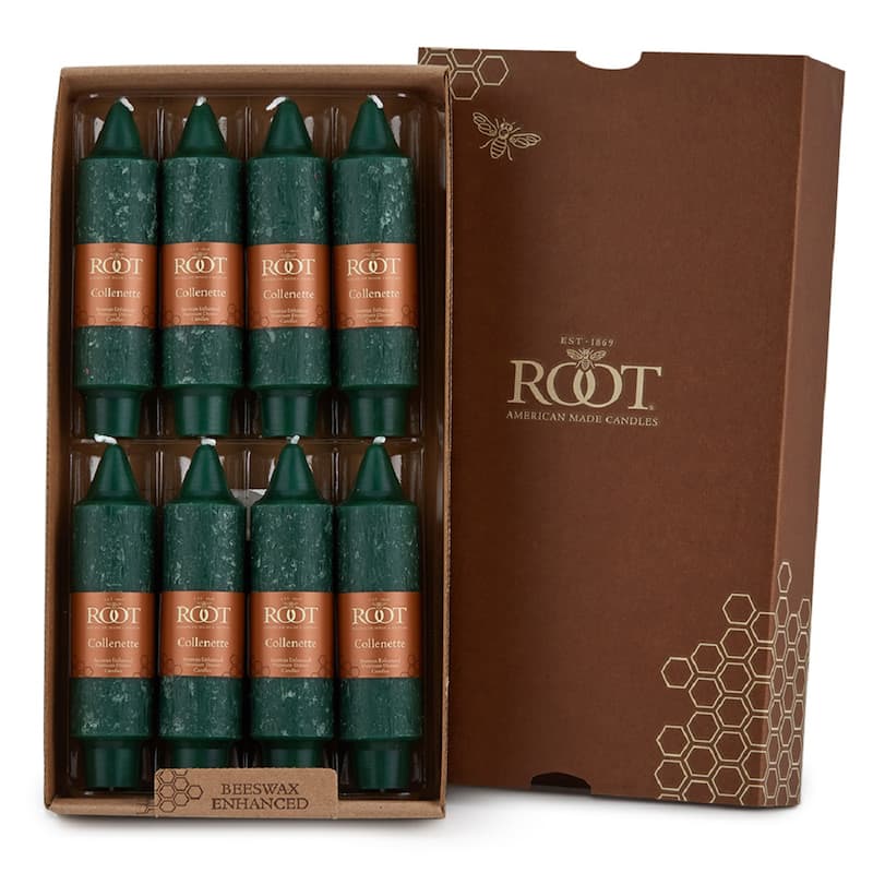 Root Unscented 5 In. Timberline™ Collenette Taper Candles box of 8 - 5 X 1-1/4 - Dark Green
