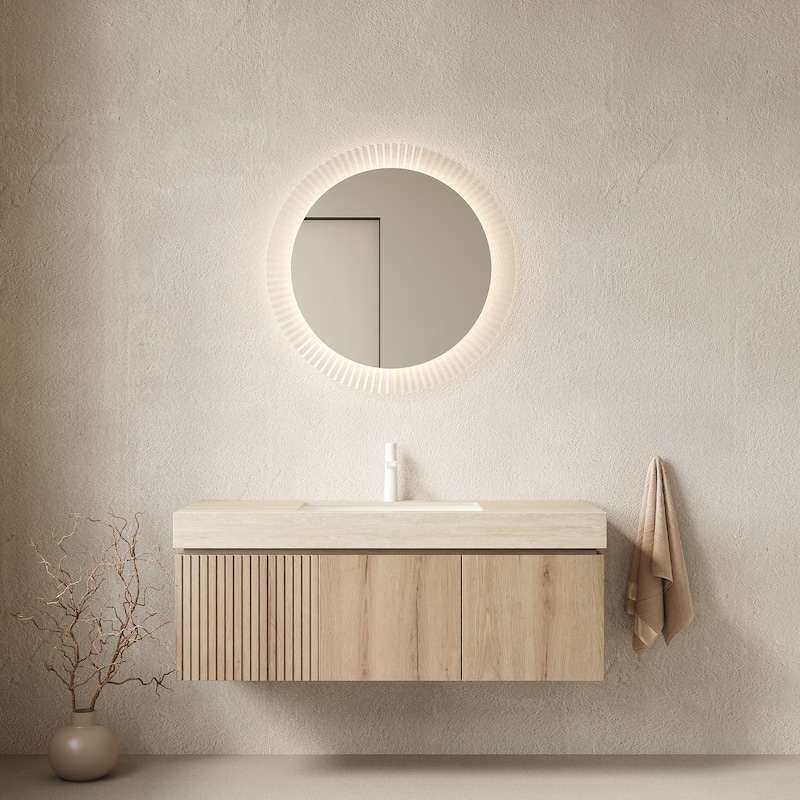 30"/36"/48" Wall-Mounted Bathroom Vanity with Ceramic Sink, Sintered Stone Countertop Floating Bathroom Storage Cabinet - Beige,White Oak - 48 Inch