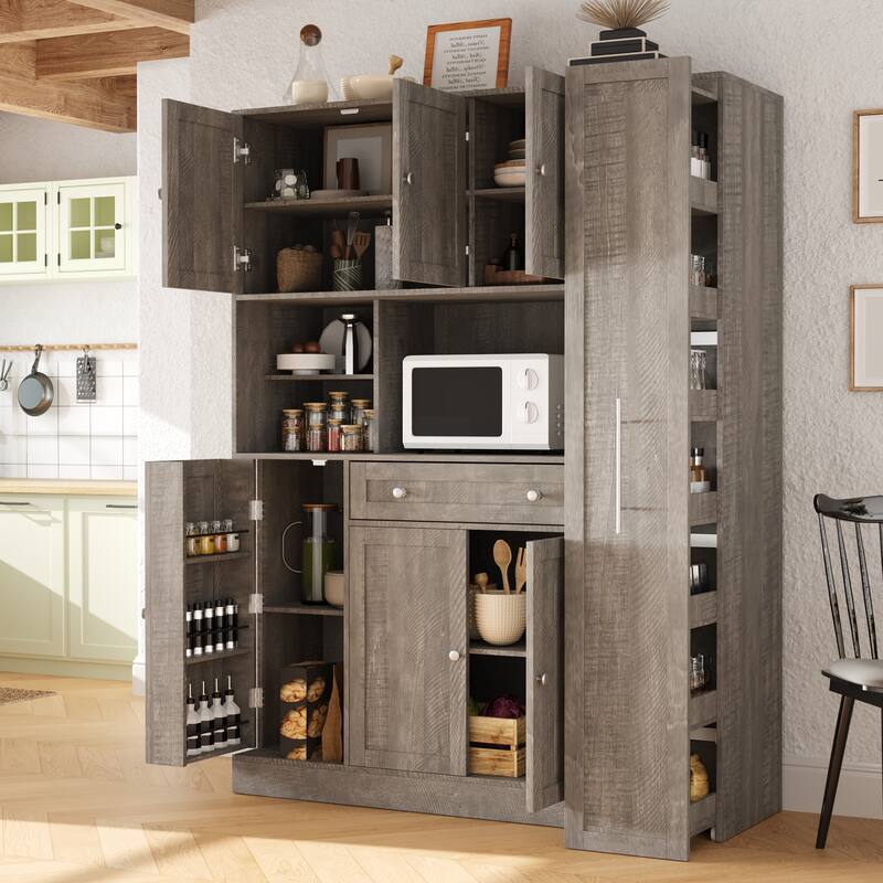 TOPMAX 52.8x17.7x70" Traditional Freestanding Buffet with Hutch - Large Kitchen Pantry, Pull - Out Side Cabinet,