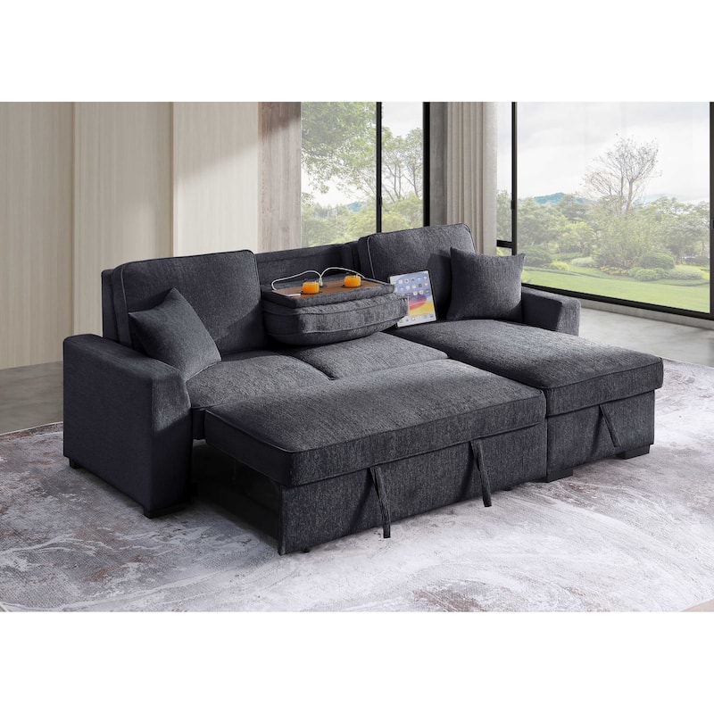 Chenille Reversible Sectional Sofa Convertible Pull Out Couch Bed