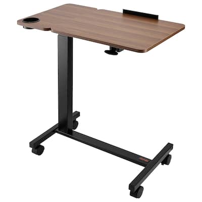 Wood and Black Adjustable Overbed Table with Electric Lift, Tilting Top and Wheels