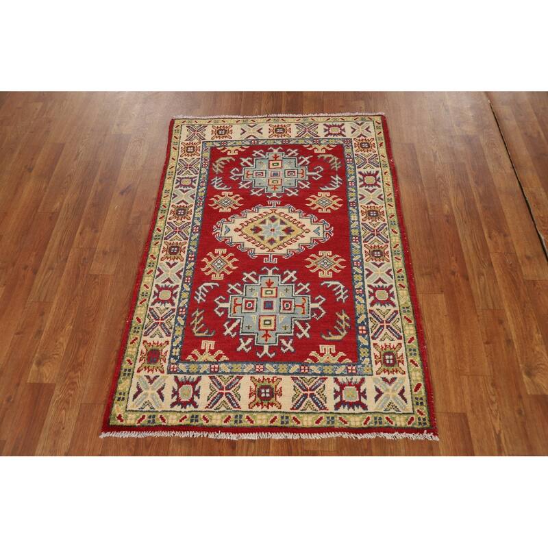 Red Kazak Foyer Rug Handmade Geometric Wool Carpet - 2'9"x 3'11"