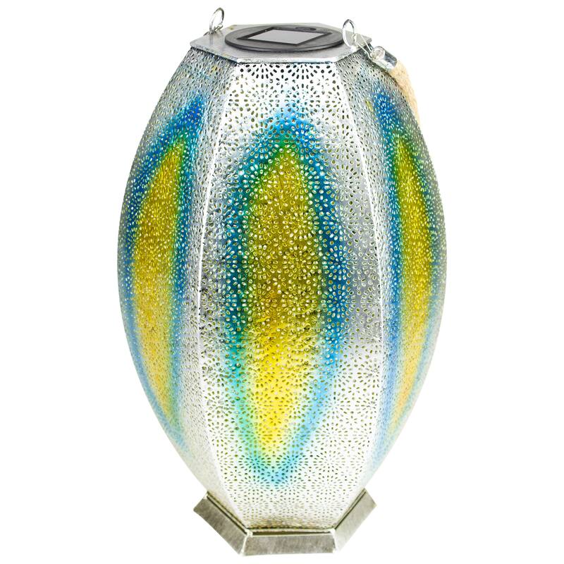 15.5" Silver Floral Outdoor Hanging Solar Lantern with Jute Handle - 15.5