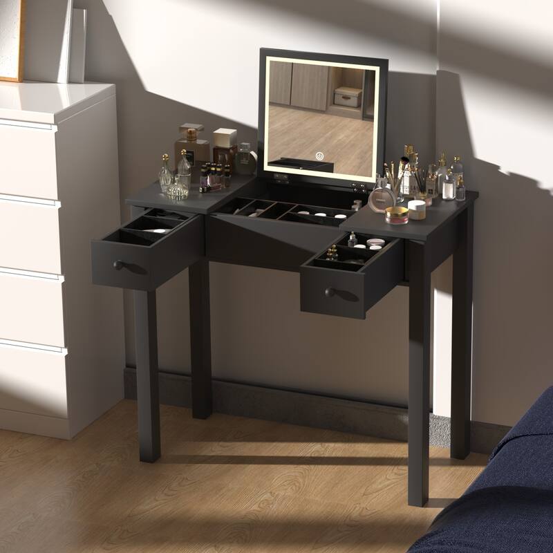 Small Flip Top Makeup Table with LED Lights, Mirror, 2 Drawers - Black