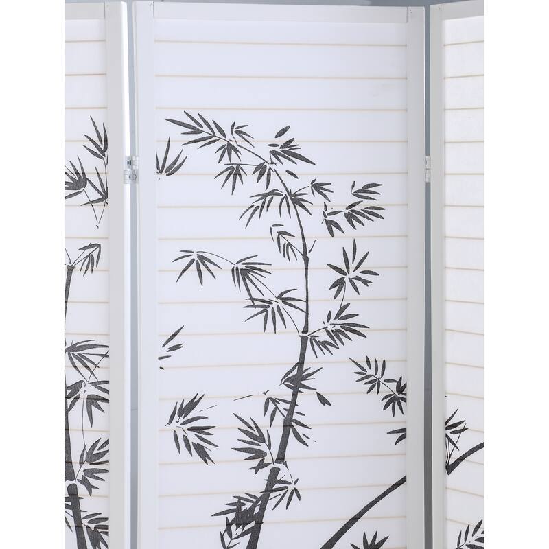 Bamboo Print 4-Panel Framed Room Screen/Divider, Screen Wall Divider for Room Separation Freestanding Partition Separators,White